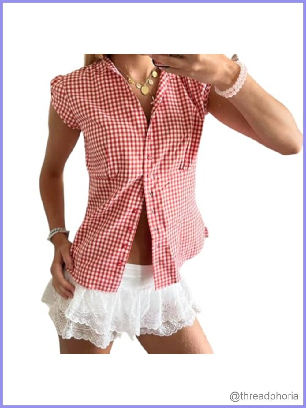 Womens Y2K Gingham Crop Top Button Up Shirt Short Sleeve